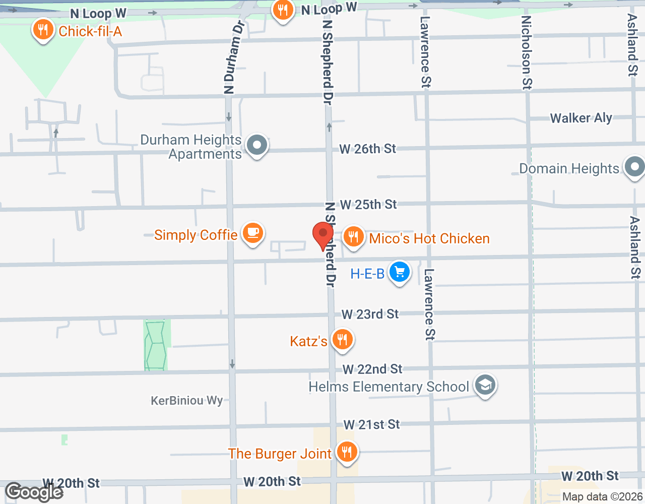 Map showing MV Medical Aesthetics at 2401 N. Shepherd Dr., Houston Heights